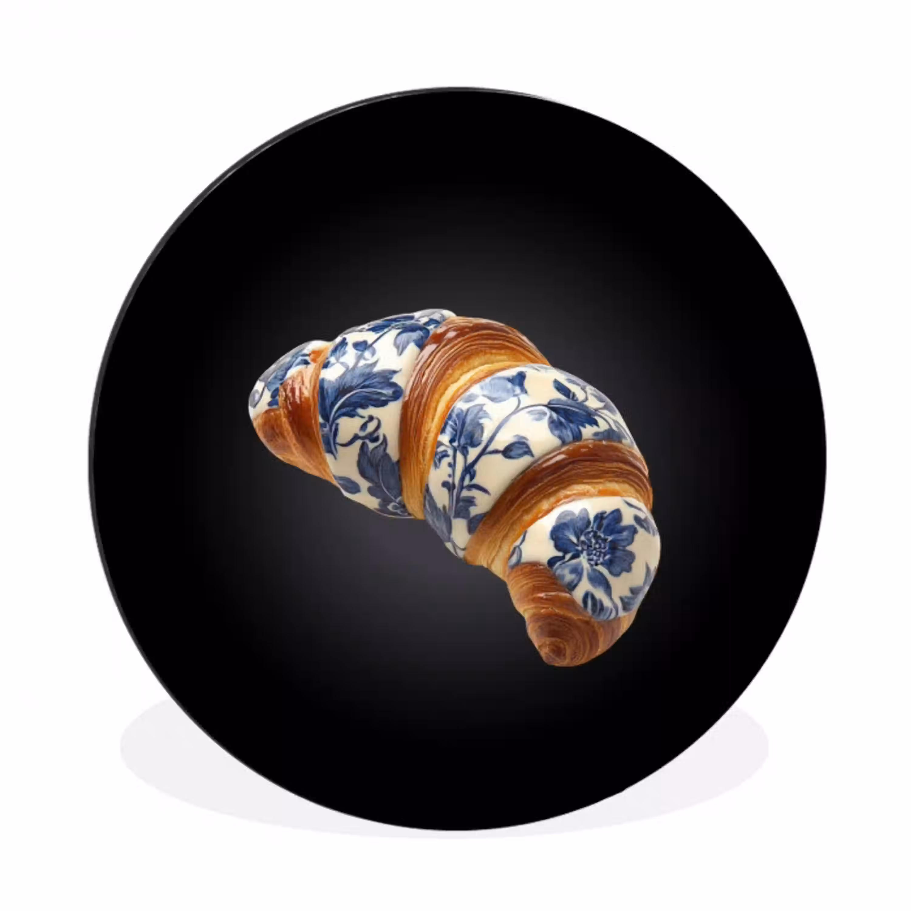 Croissant - Bloemenpatroon - Delftsblauw Wandcirkel aluminium klein -3d