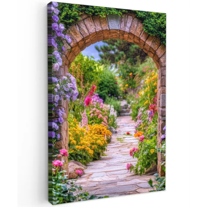 Doorkijk - Bloemen - Pad - Natuur Tuinposter op houten frame 2 cm dik klein -3d