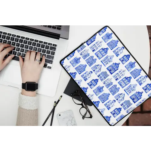 Patroon - Huizen - Blauw laptophoes neopreen klein 279 -bureau