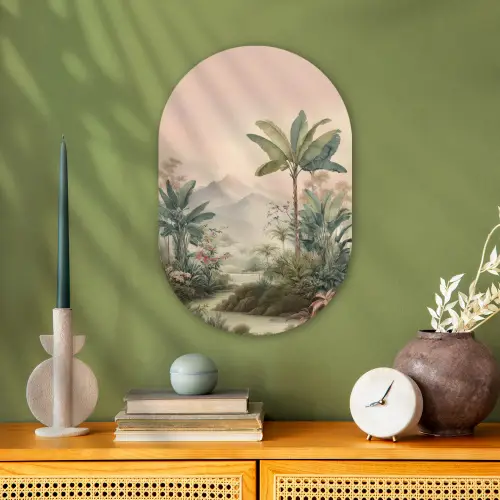Tropisch landschap - palmbomen - Bloemen - Roze lucht Wandcirkel Ovaal Forex klein -sfeer2