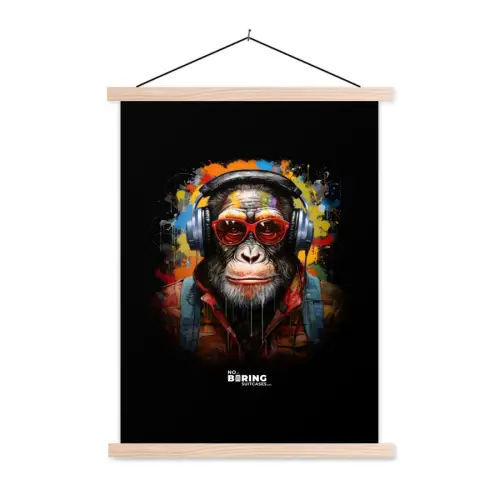 Chimpansee met koptelefoon en graffiti-spray textielposter latten blank klein -3d