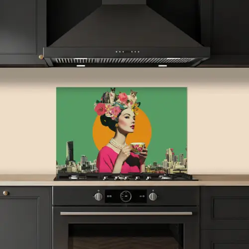 Retro - Vrouw - Stad - Zon keuken achterwand spatscherm klein -sfeer1
