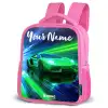 Sportauto - Groen - Snelheidslijnen - Neon Kinderrugzak - Roze middel -schuin
