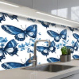 Blauw - Vlinders - Bloemen - Wit keuken achterwand 2 middel 871 -3d_schuin