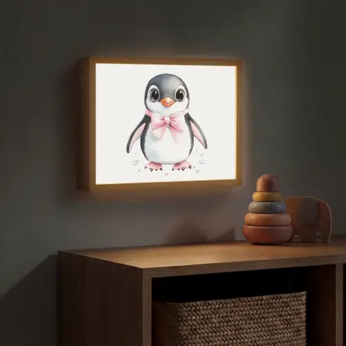 Pinguïn - Strikje - Roze - Dier Light Box met batterij (Wandlamp kind) middel -sfeer5_kind