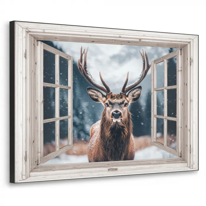 Hert - Dieren - Landschap - Winter - Sneeuw - Doorkijk - Natuur Textielframe zwart klein -3d