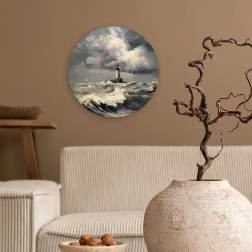 Vuurtoren - Golven - Storm Wandcirkel kunststof plaat 5mm dik klein -sfeer1