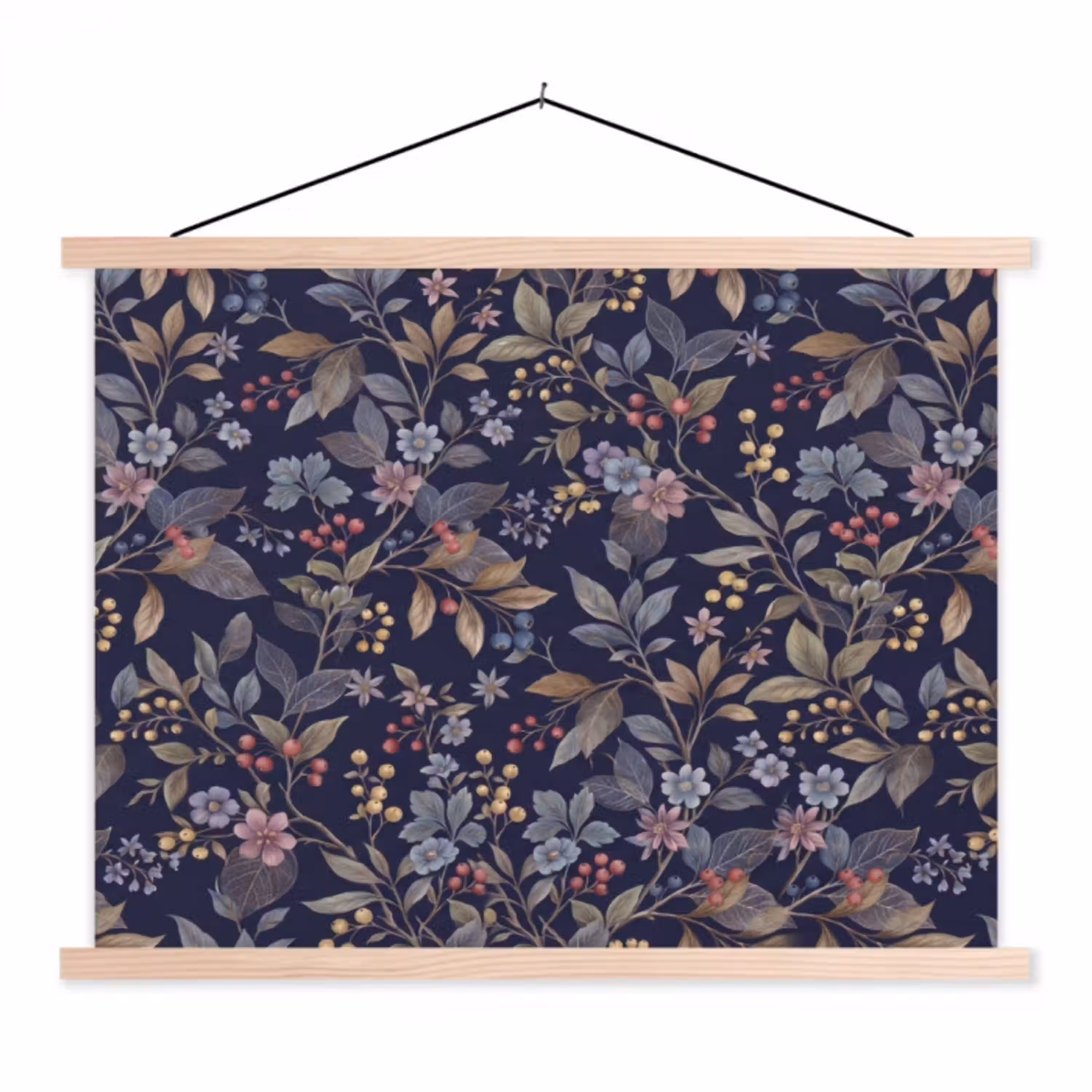 Bloemen - Bladeren - Patroon - Botanisch - Donkerblauw textielposter latten blank klein -3d