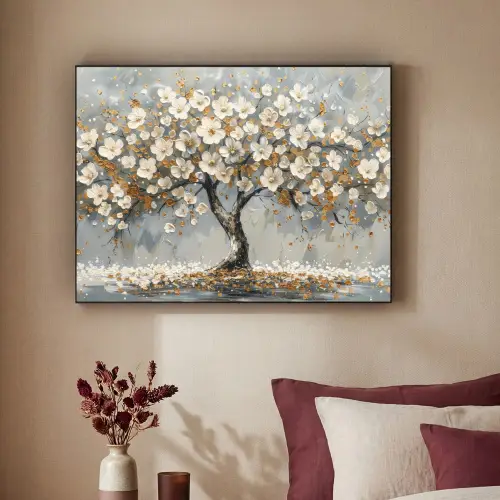 Boom - Goud - Bloemen - Abstract - Kunst Textielframe zwart klein -sfeer1