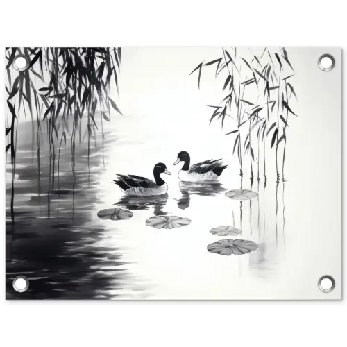 Eenden - Waterlelies - Riet - Zwart tuinposter los doek klein -3d