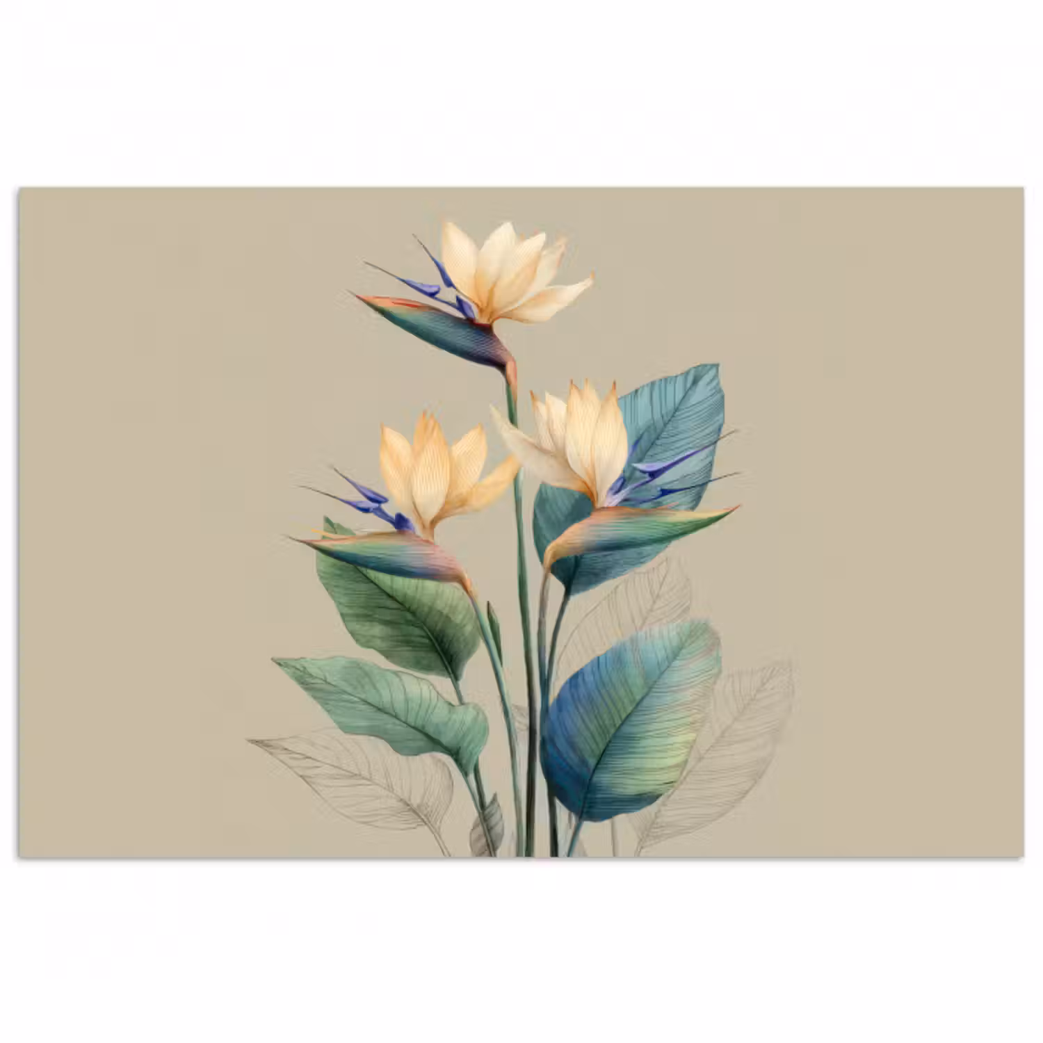 Poster - Paradiesvogelblüten - Blaugrüne Blätter - Beige