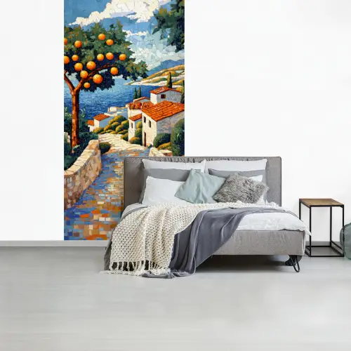 Huizen - Mozaïek - Sinaasappelbomen - Zee fotobehang vinyl groot -slaapkamer