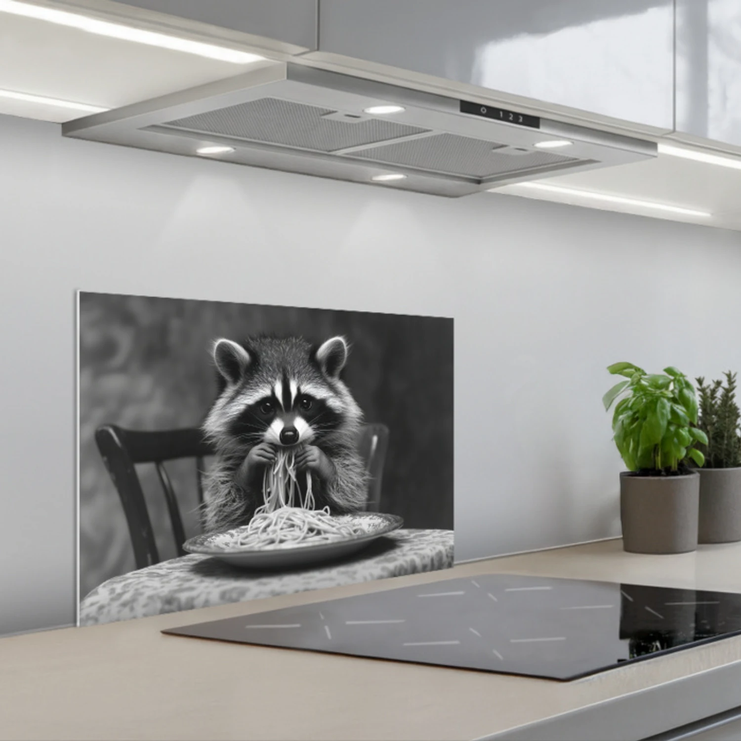 Wasbeer - Cute - Pasta - Tafelkleed - Zwart - Wit keuken achterwand spatscherm klein -3d_schuin