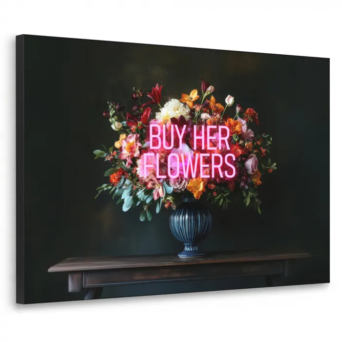 Quote - Bloemen - Vaas - Neon Textielframe zwart klein -3d