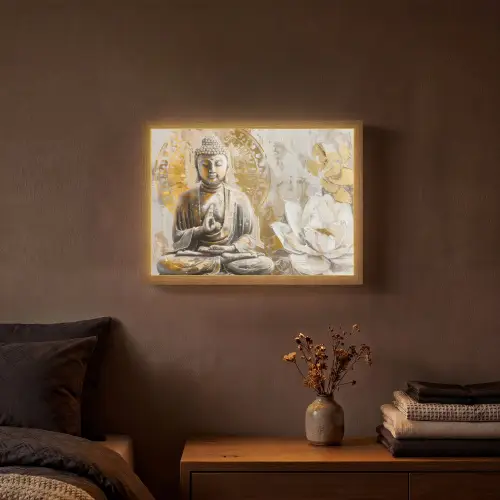 Boeddha - Bloem - Lotus - Wit - Goud - Zen Light Box met batterij (Wandlamp) middel -sfeer4