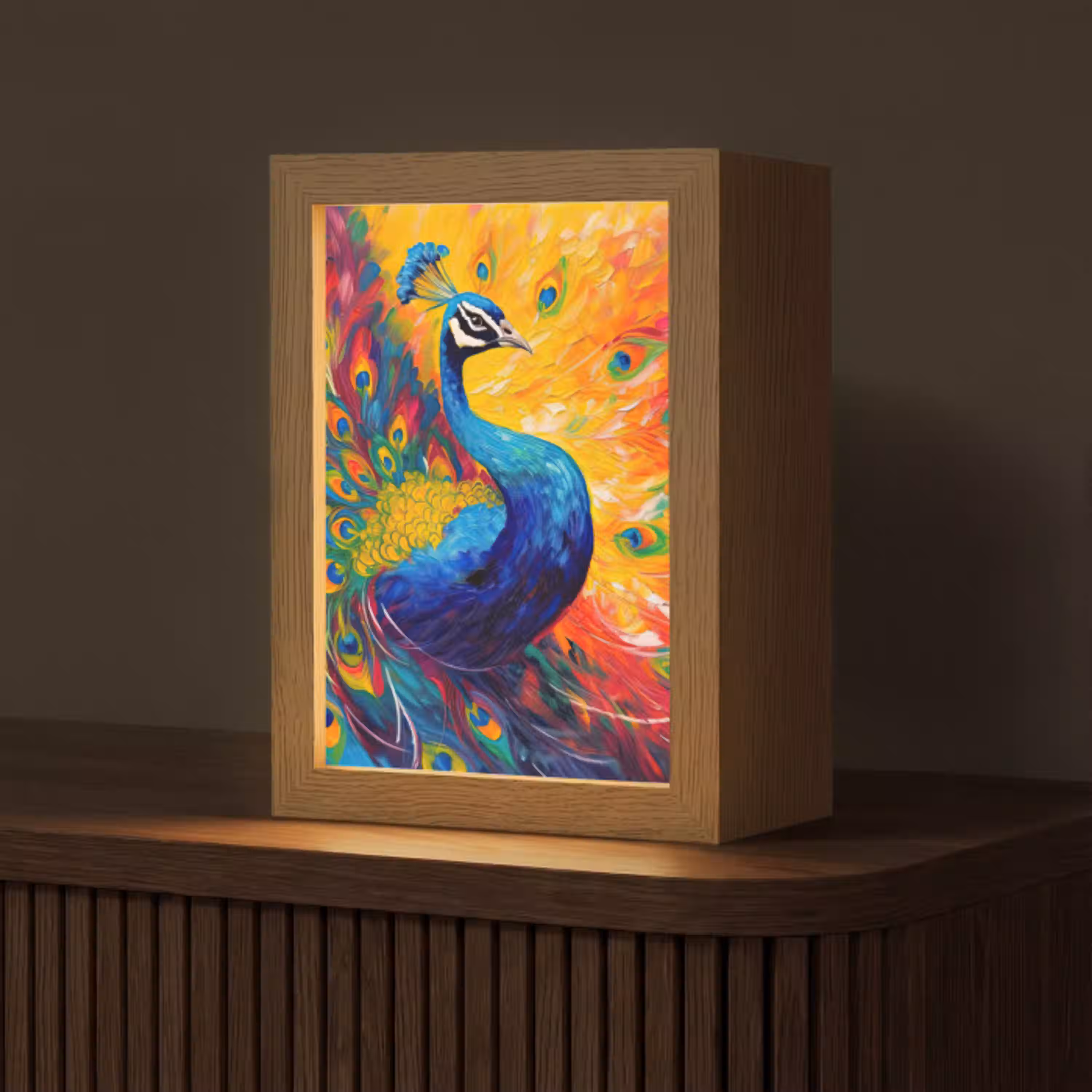 Pauw - Kunst - Schilderij - Pauwenveren Light Box met kabel (Tafellamp) klein -z3d_website