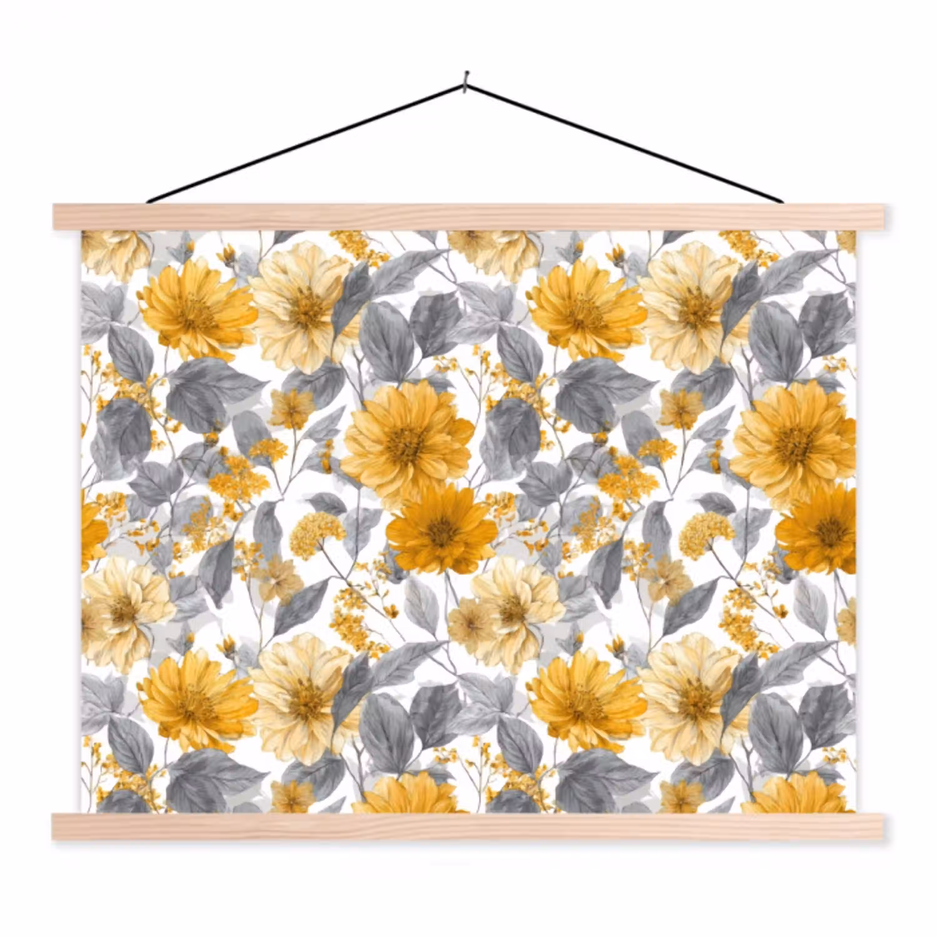 Bloemen - Botanisch - Elegant - Okergeel - Grijs textielposter latten blank klein 122 -3d