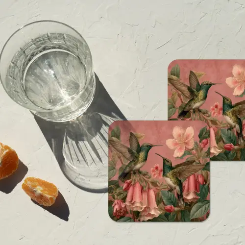 Kolibries - Bloemen - Groen - Roze onderzetter kurk middel -sfeer4