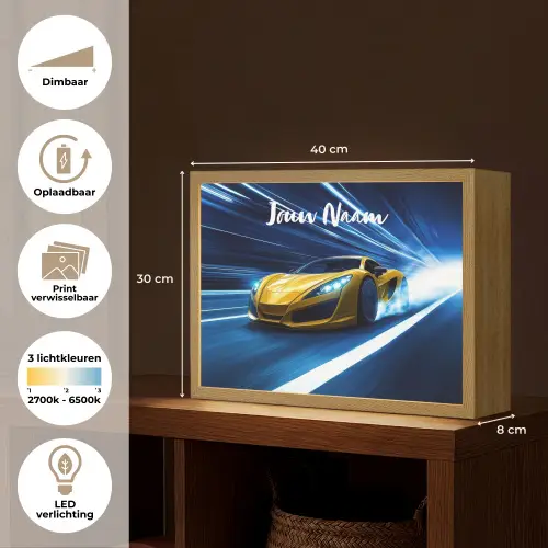 Auto - Geel - Race - Blauw Light Box met batterij (Wandlamp kind) middel -USP_websiteoverzichtNL