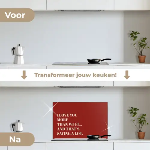 Rood - Quote - Liefde keuken achterwand spatscherm klein -voor_na_NL