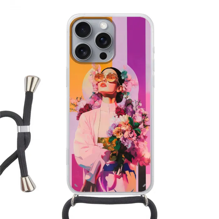 Portret - Vrouw - Abstract - Bloemen Hoesje iPhone 16 Pro Max met koord klein -3d