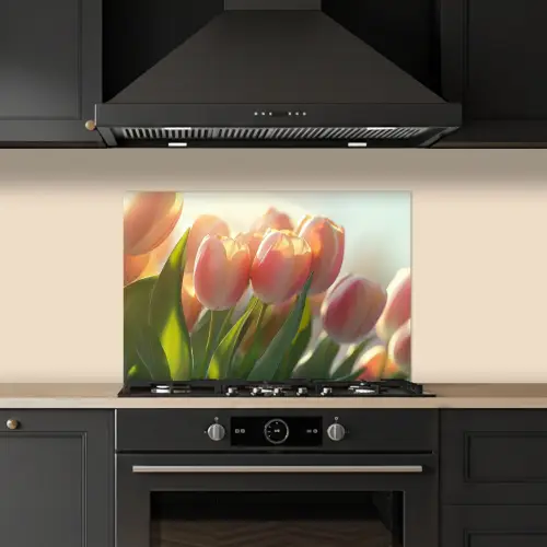 Tulpen - Roze - Zonnestralen keuken achterwand spatscherm klein -sfeer1