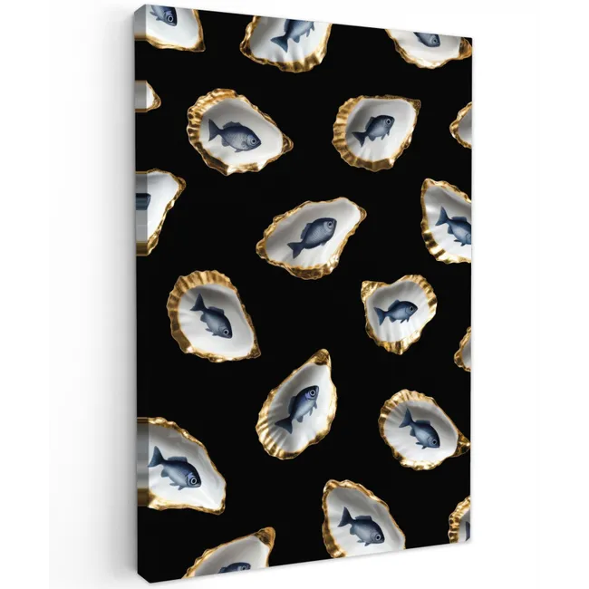 Oesters - Vissen - Blauw - Goud Tuinposter op houten frame 2 cm dik klein -3d