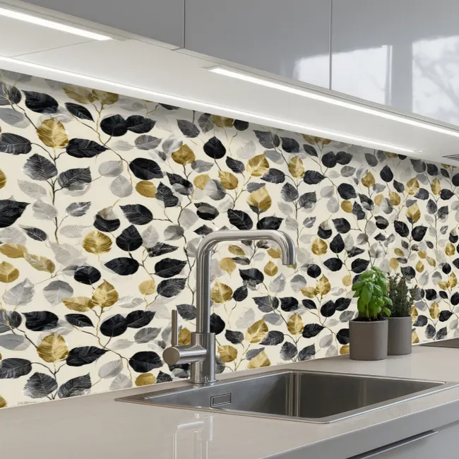 Botanisch - Goud - Zwart keuken achterwand 2 middel 871 -3d_schuin