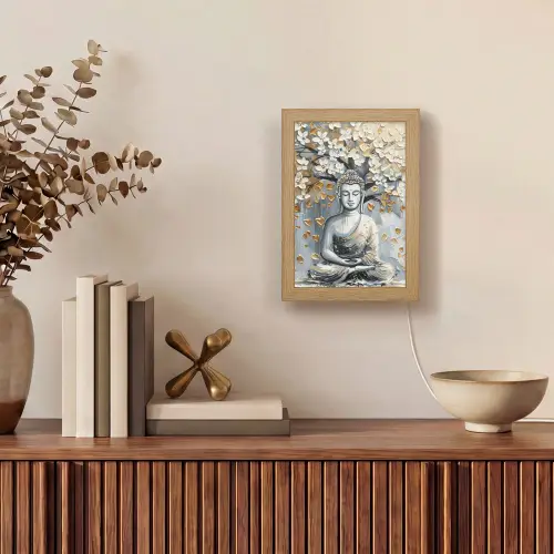 Boeddha - Bloemen - Boom - Goud - Modern Light Box met kabel (Tafellamp) klein -sfeer2