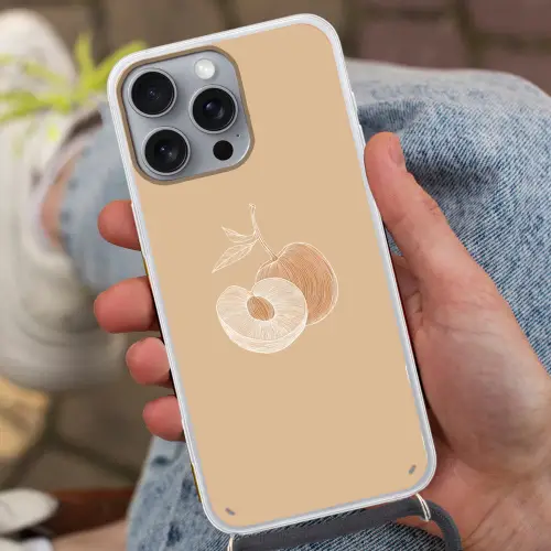 Perzik - Lijntekening - Pit - Beige Hoesje iPhone 16 Pro Max met koord klein -sfeer3