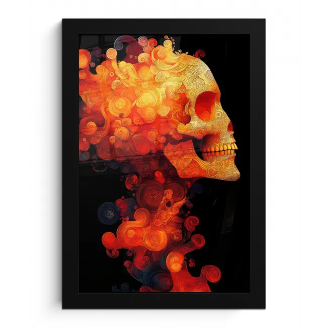Schedel - Oranje - Zijaanzicht - Vlammen fotolijst zwart zonder passe partout klein -3d