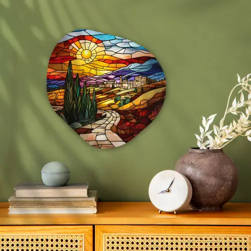 Mozaïek - Zon - Landschap - Dorp Wandcirkel Organisch Forex 3mm klein -sfeer2