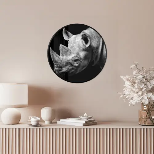 Dieren - Neushoorn - Zwart - Wit - Portret Fotolijst rond zonder passe partout klein -sfeer3