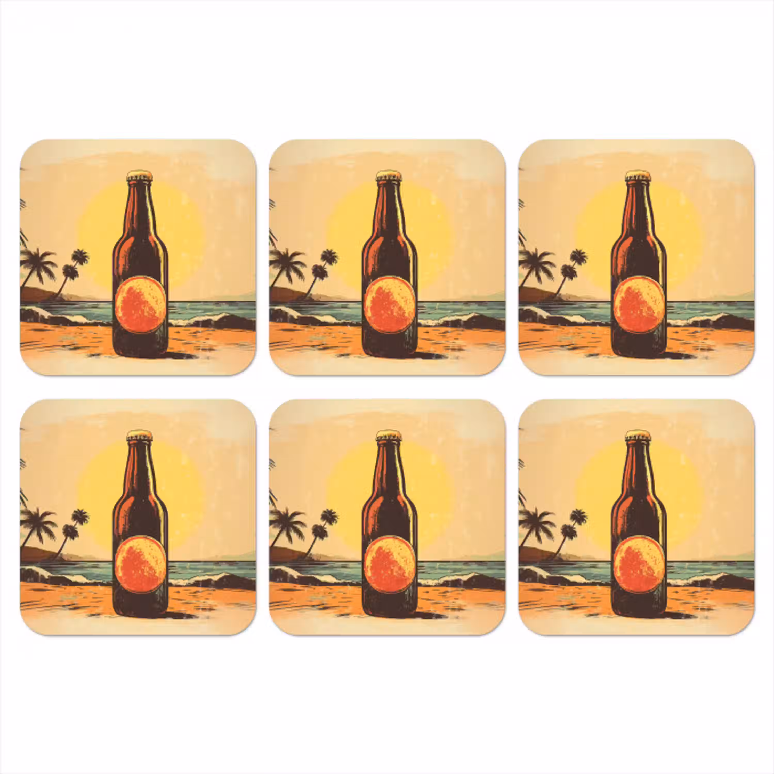 Bierfles - Zonsondergang - Palmbomen - Zee onderzetter kurk middel -3d