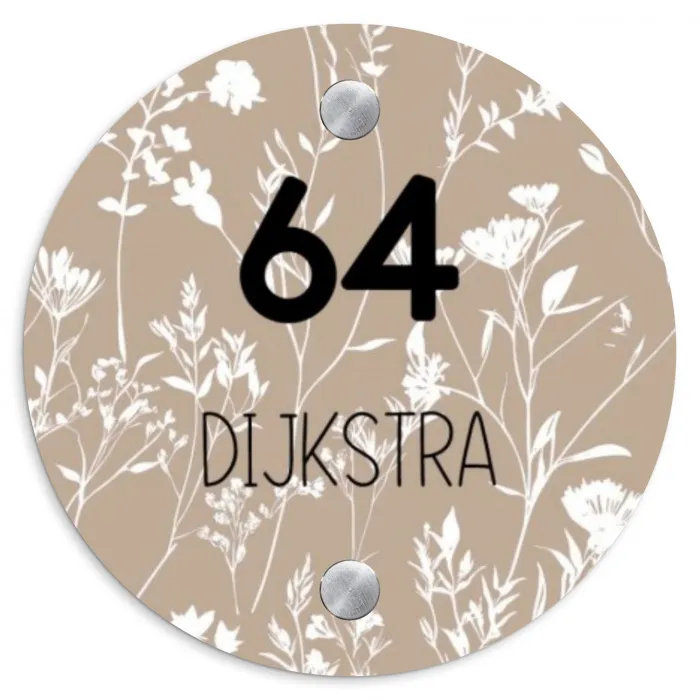 Beige bloemmotief - Modern Naambord Rond klein -3d