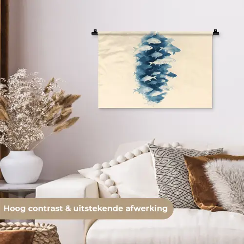 Vissen - Minimalistisch - Blauw Wandkleed katoen klein -sfeer1