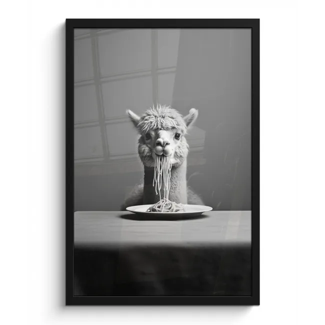 Poster met lijst - Alpaca - Pasta - Zwart - Wit - Grappig - Dieren