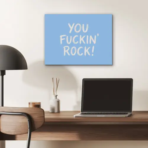 Blauw - Wit - You fuckin rock PET vilt klein -sfeer5