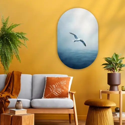 Meeuw - Wit - Zee - Mistig Wandcirkel Ovaal Glas middel -sfeer4