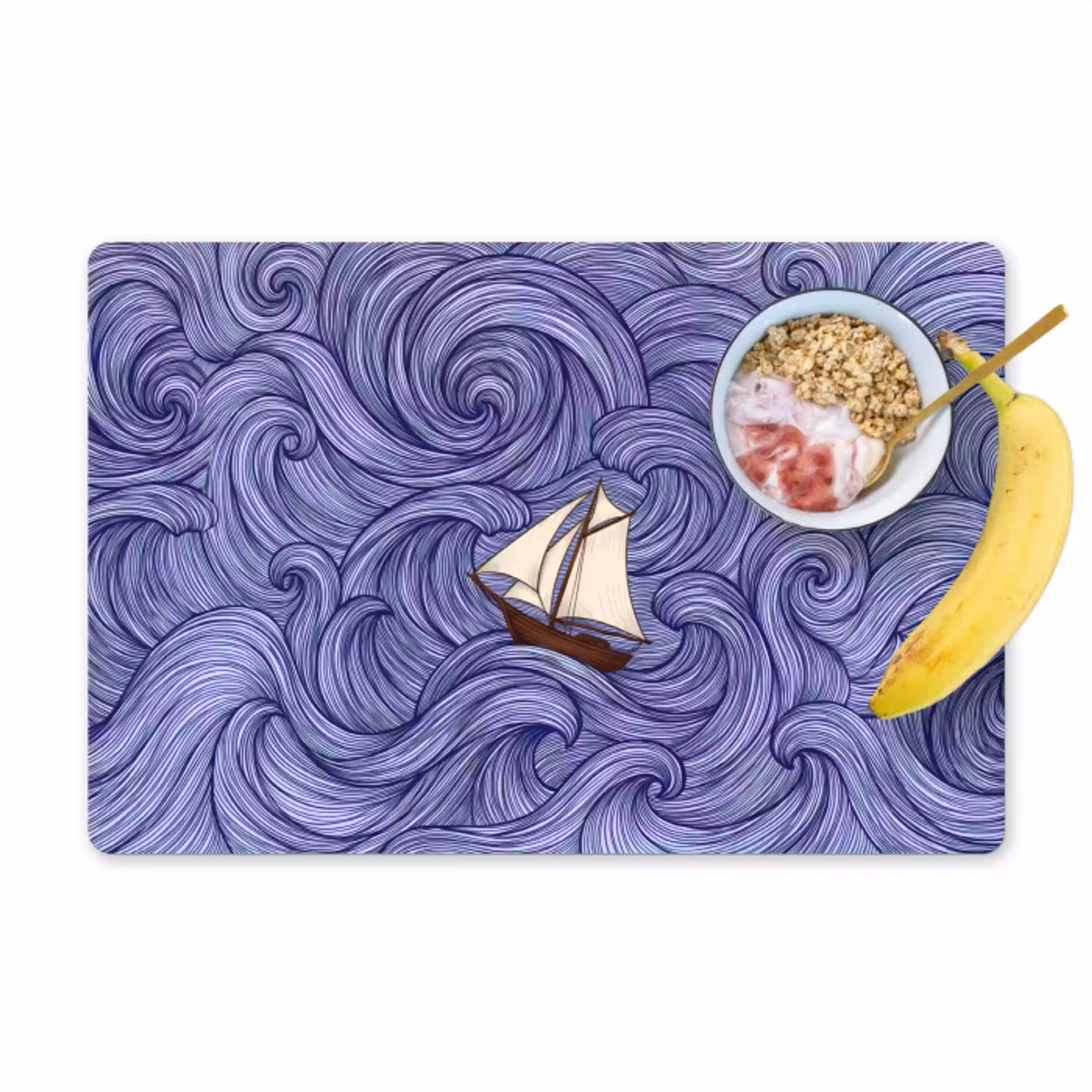 Schip - Golven - Zee - Illustratie - Blauw Placemat vinyl groot -zzzproduct_Kitchenyeah-website