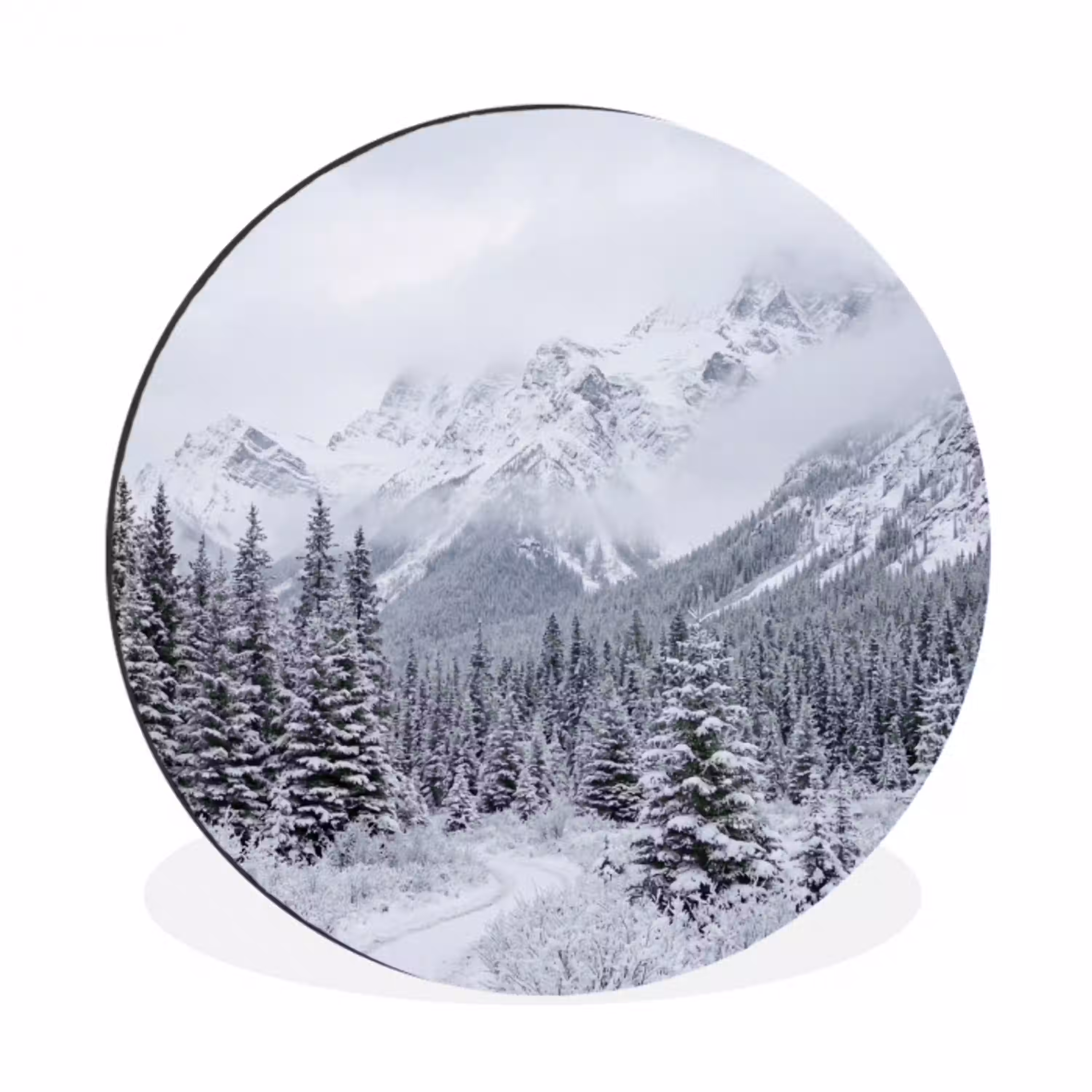 Weg - Bergen - Sneeuw - Naaldbos - Avontuurlijk Wandcirkel aluminium klein -3d