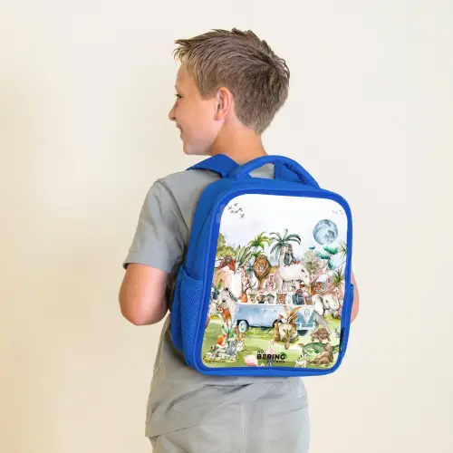 Busje met allemaal dieren Kinderrugzak - Blauw middel -sfeer2