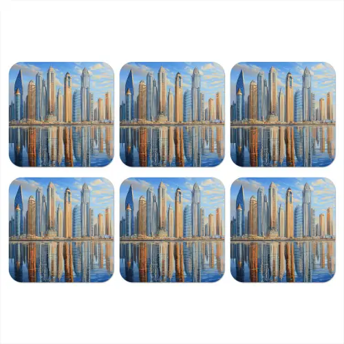 Skyline - Wolkenkrabbers - Water - Blauw onderzetter kurk middel -3d