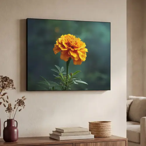 Bloemblaadjes - Afrikaan - Oranje - Wazig Textielframe zwart klein -sfeer3