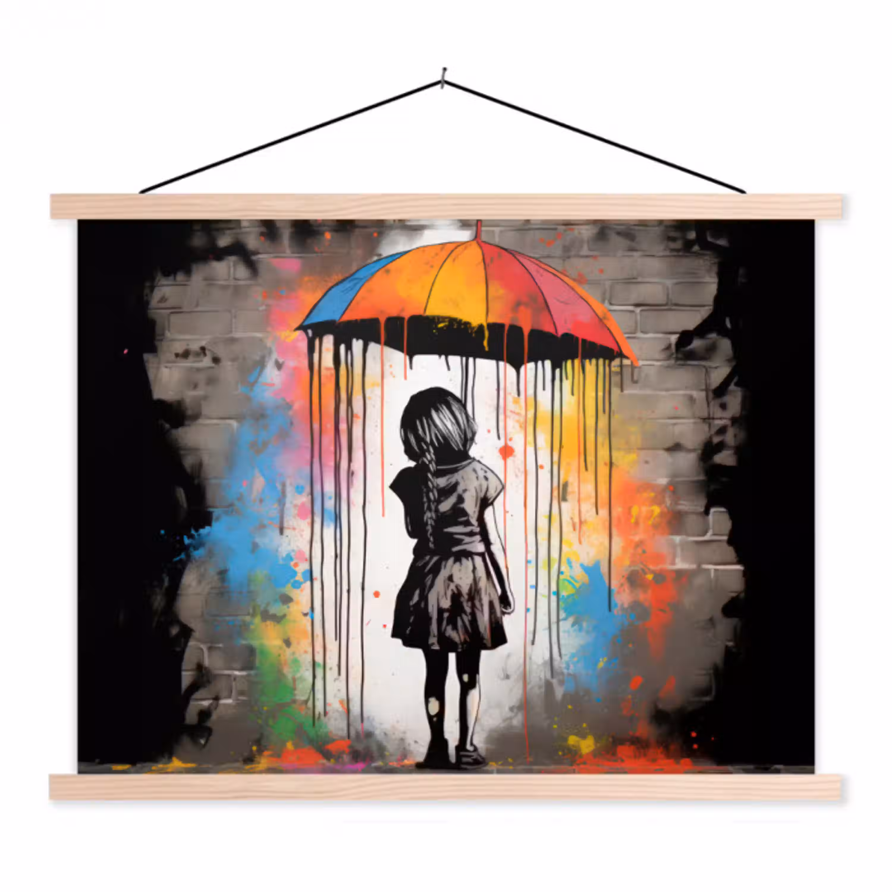 Meisje - Kunst - Paraplu - Graffiti - Kleuren - Muur textielposter latten blank klein -3d