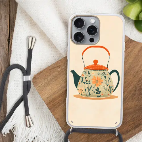 Oranje - Theepot - Bloemen - Bladeren Hoesje iPhone 16 Pro Max met koord klein -sfeer4