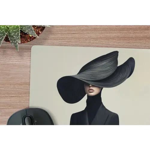 Zwart - Vrouw - Hoed muismat rubber klein -closeup