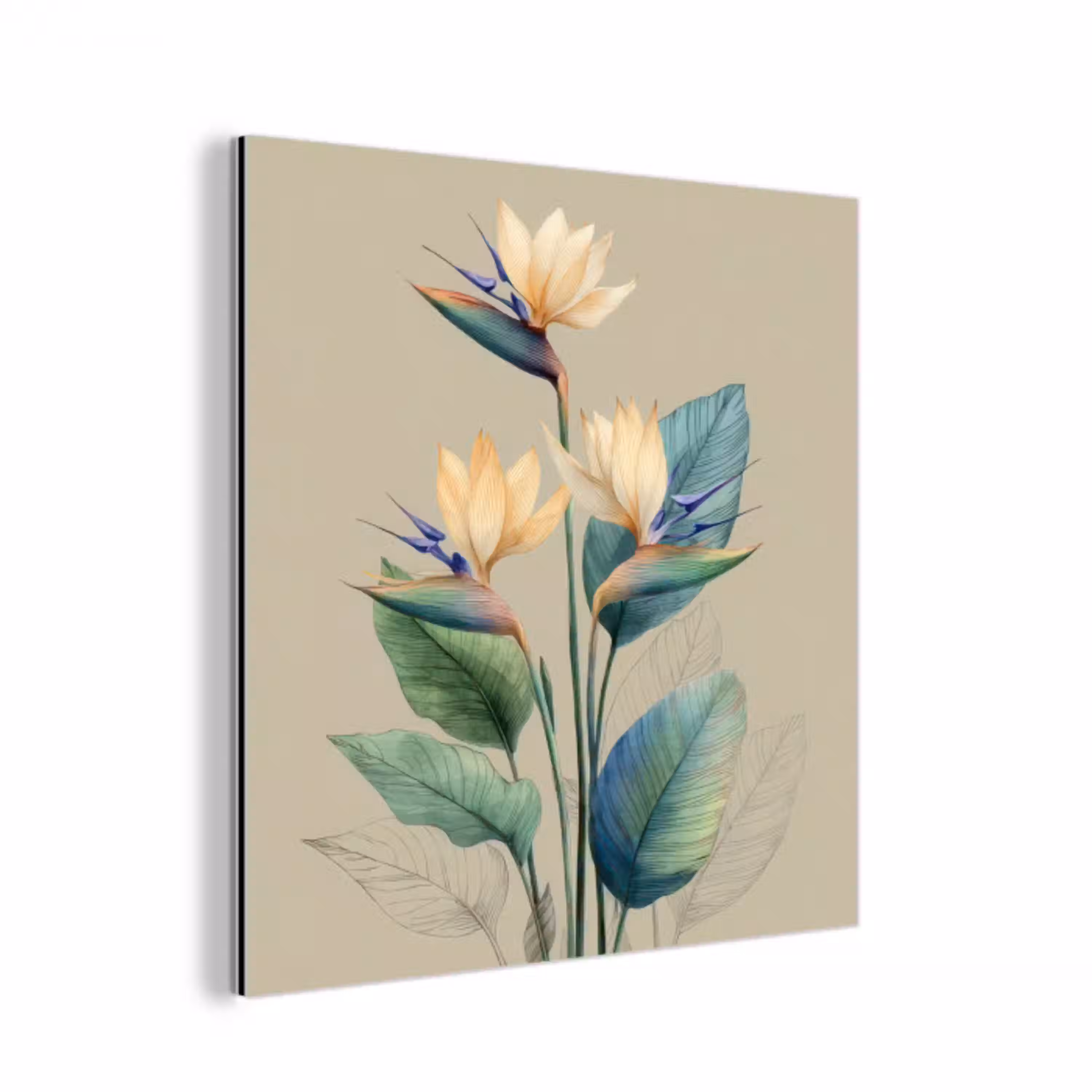Paradijsvogelbloemen - Blauwgroene bladeren - Beige aluminium wit klein -3d