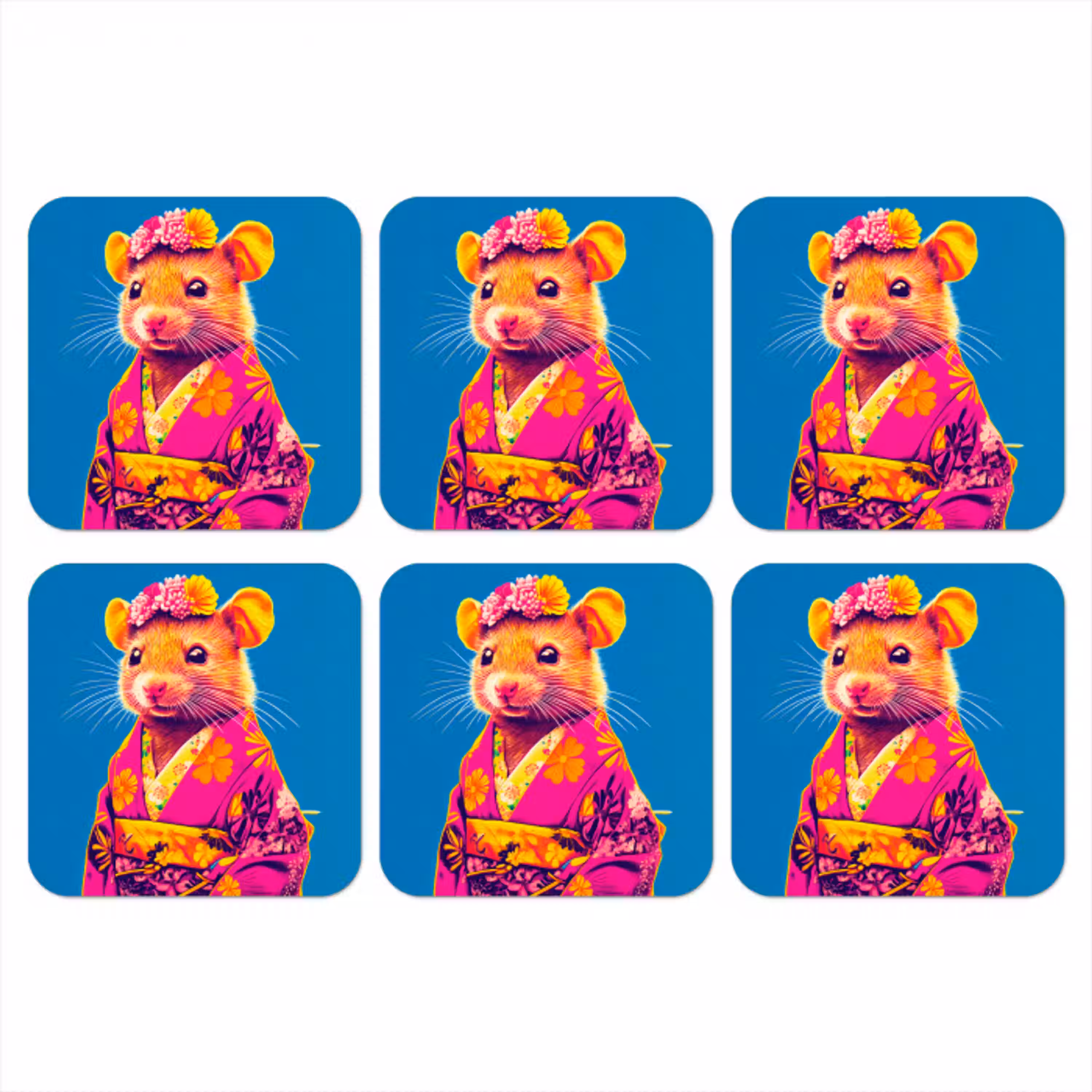 Muis - Kimono - Bloemen - Blauw onderzetter kurk middel -3d