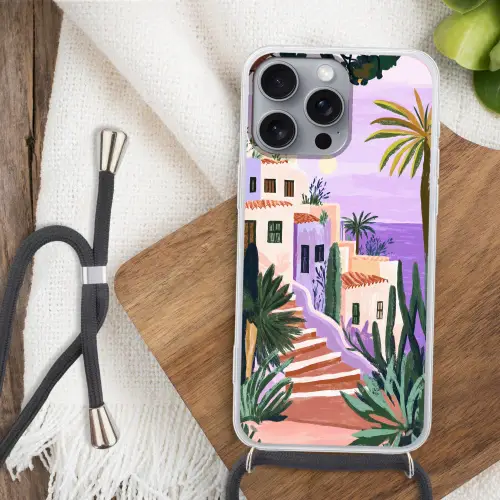Huizen - Minimalistisch - Palmbomen - Kust Hoesje iPhone 16 Pro Max met koord klein -sfeer4